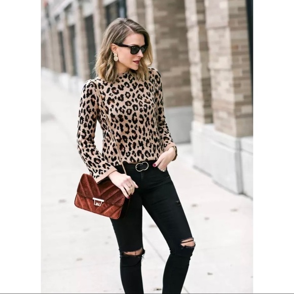 Ann Taylor Womens XS Leopard Print Wool Blend Mock Neck Knit Sweater Brown - Picture 7 of 13